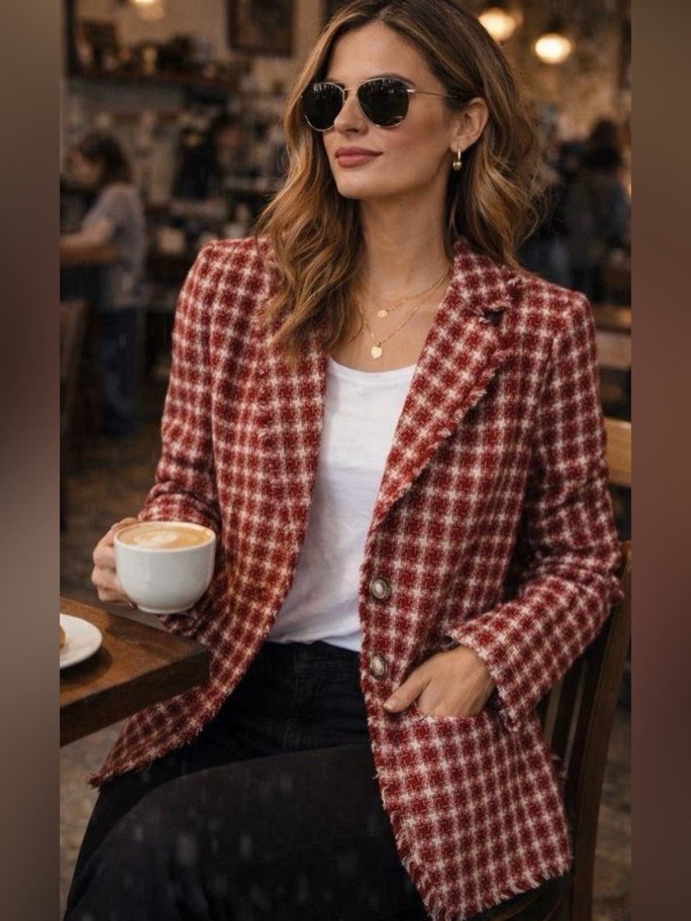 Umgee Red White Tweed Bouclé Blazer Small Frayed Trim Jacket NWOT Preppy Chic
